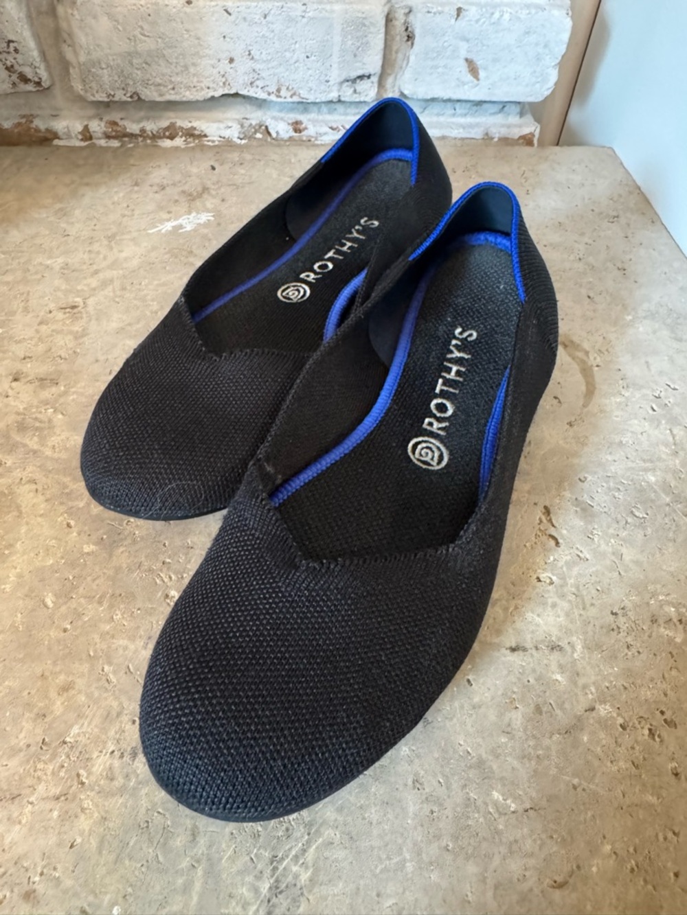 Rothy's Black Knit Slip-On Flats with Royal Blue Trim